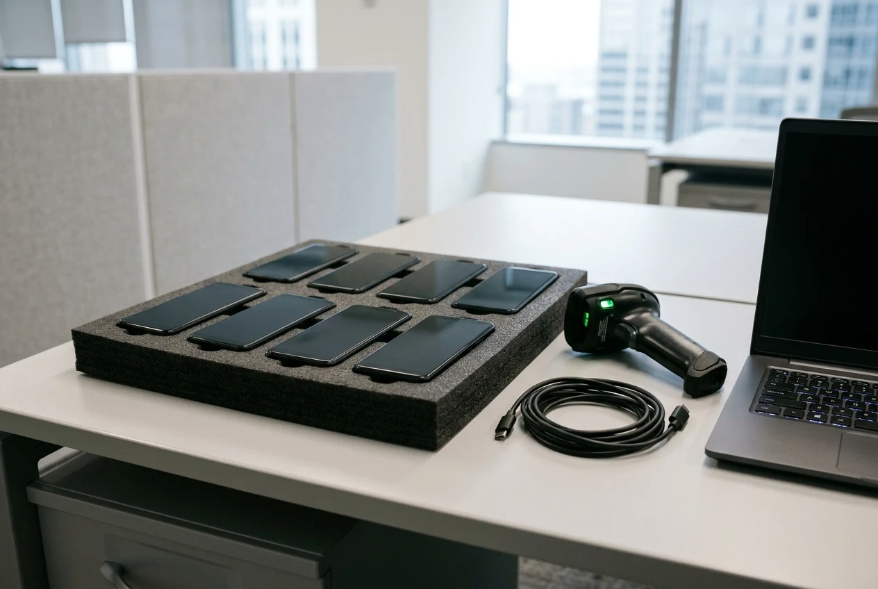Corporate IT staging workbench with unbranded smartphones in a padded tray beside a barcode scanner