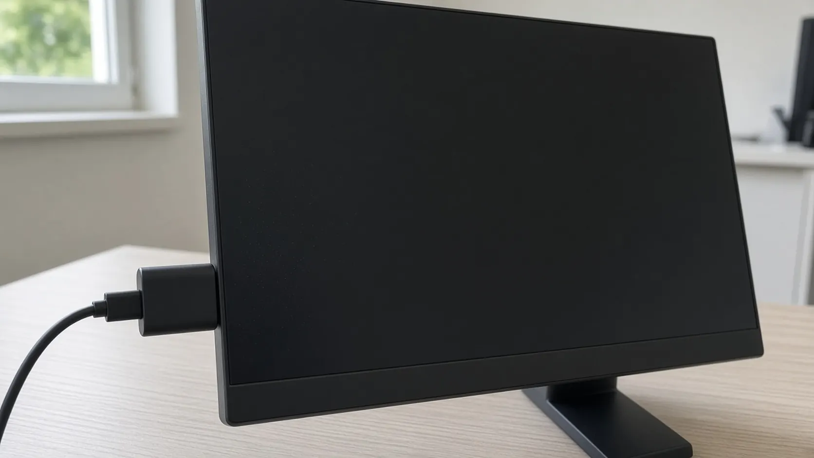 A dark monitor with a cable at the side